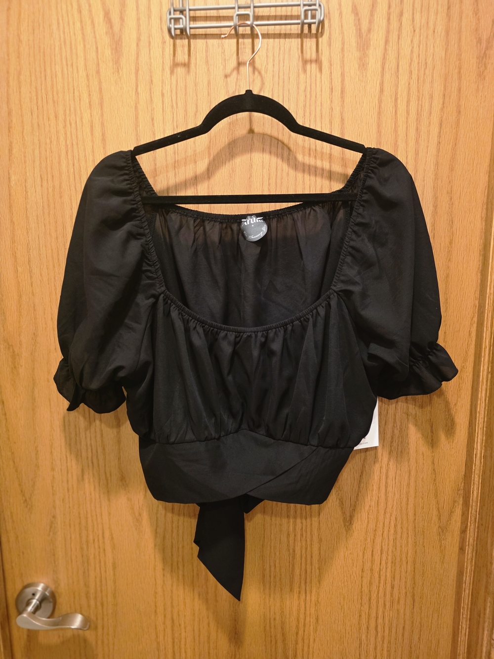 ARULA Black Puff Sleeve Crop Top with Tie Back